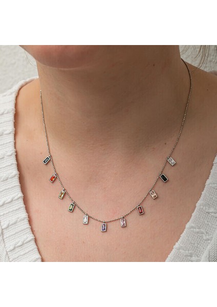 Renkli Taşlı Şans 925 Ayar Gümüş Kadın Kolye