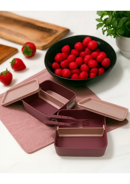 Kare Beslenme Kabı 2 Katlı Ayarlanabilir Çatal Kaşıklı Yemek Saklama Kabı Mürdüm