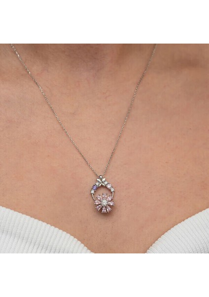 Pembe Dönen Zirkon Taşlı Çiçek 925 Ayar Gümüş Kadın Kolye