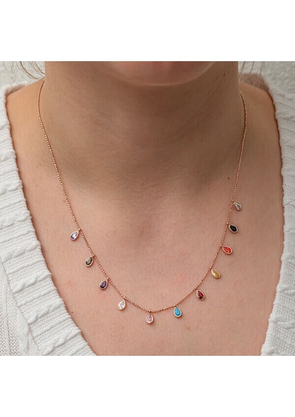 Renkli Damla Taşlı 925 Ayar Gümüş Kadın Kolye