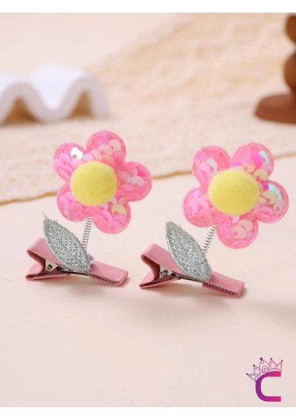 2'li 3D Boyutlu Pembe Sarı Ponponlu Pullu Çiçekli Yeşil Yapraklı Sallanan Pens Toka Seti Saç Tokası