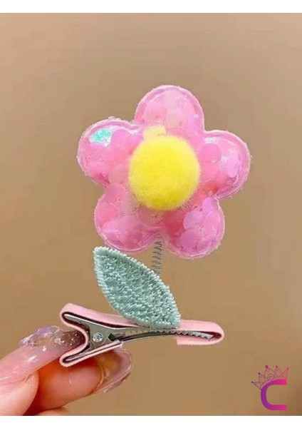 2'li 3D Boyutlu Pembe Sarı Ponponlu Pullu Çiçekli Yeşil Yapraklı Sallanan Pens Toka Seti Saç Tokası fiyatları