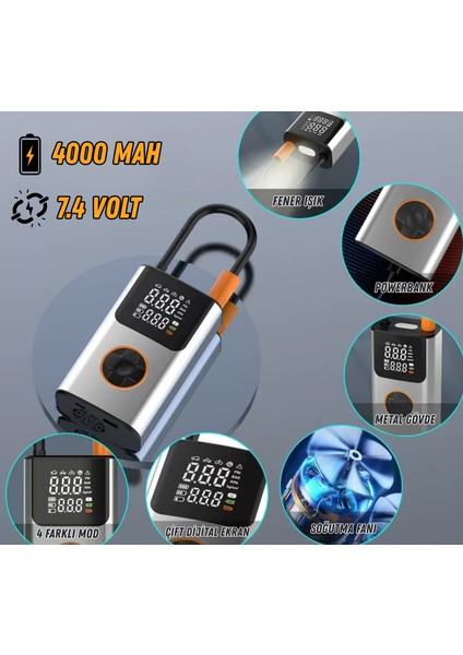 4000 Mah Şarjlı Taşınabilir Araba Lastik Hava Top Şişirme Pompası LED Işıklı Dijital Hava Kompresörü fiyatları