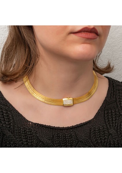 Gold Trabzon Hasır Zirkon Taşlı 925 Ayar Gümüş Kadın Kolye