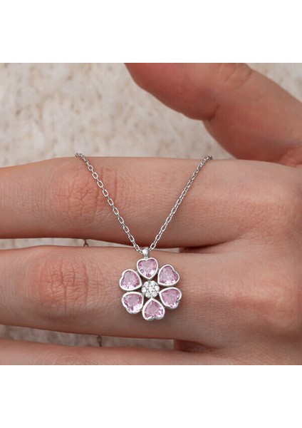 Pembe Zirkon Taşlı Çiçek 925 Ayar Gümüş Kadın Kolye