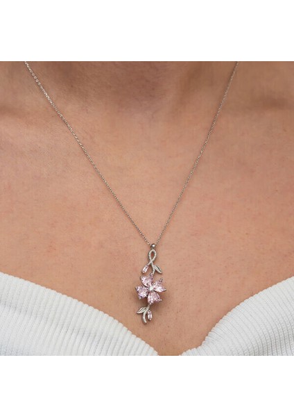 Pembe Çiçek 925 Ayar Gümüş Kadın Kolye