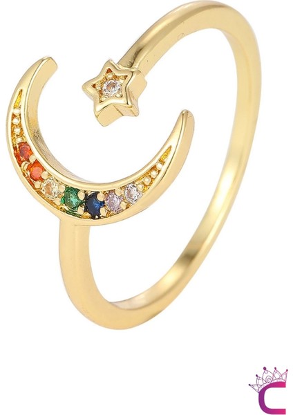 Zarif Minimal Kadın 18K Altın Kaplama Renkli Taşlı Ay Yıldızlı Yüzük - Ayarlanabilir Çelik Yüzük