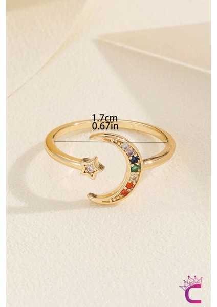 Zarif Minimal Kadın 18K Altın Kaplama Renkli Taşlı Ay Yıldızlı Yüzük - Ayarlanabilir Çelik Yüzük fiyatları