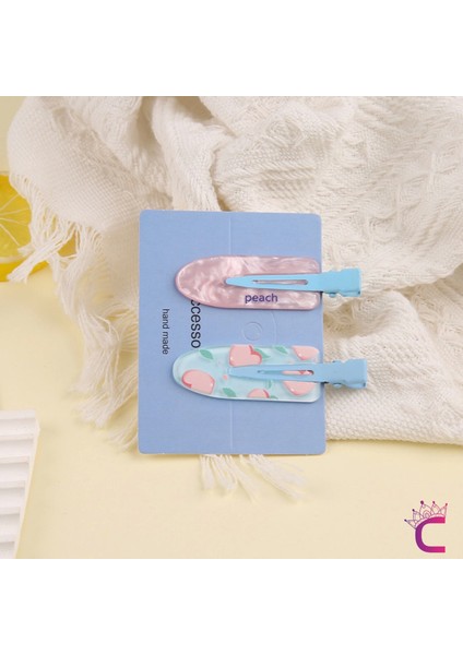 2'li Asetat Dayanıklı Iz Yapmayan Makyaj Tokası Şeftali Desen - Cilt Bakımı Klips Saç Pens Toka Seti