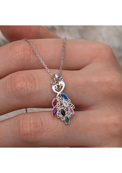 Renkli Taşlı Tavus Kuşu 925 Ayar Gümüş Kadın Kolye