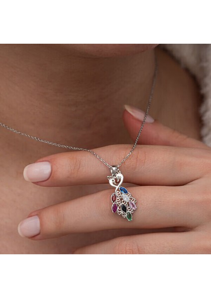 Renkli Taşlı Tavus Kuşu 925 Ayar Gümüş Kadın Kolye