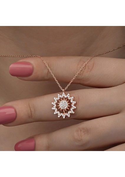 Rose Güneş Zirkon Taşlı 925 Ayar Gümüş Kadın Kolye