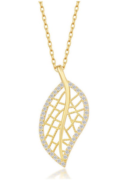 Gold Yaprak Zirkon Taşlı 925 Ayar Gümüş Kadın Kolye