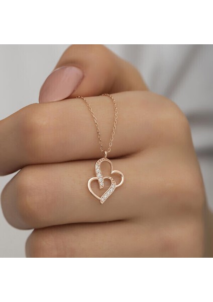 Rose Birleşmiş Kalpler 925 Ayar Gümüş Kadın Kolye