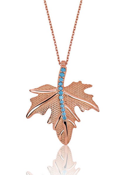 Firuze Taşlı Çınar Yaprağı 925 Ayar Gümüş Kadın Kolye