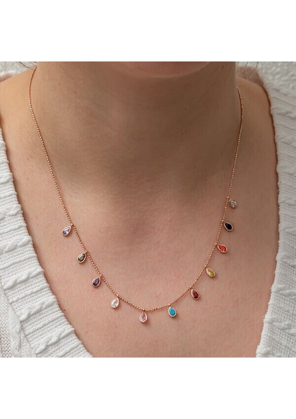 Renkli Damla Taşlı 925 Ayar Gümüş Kadın Kolye