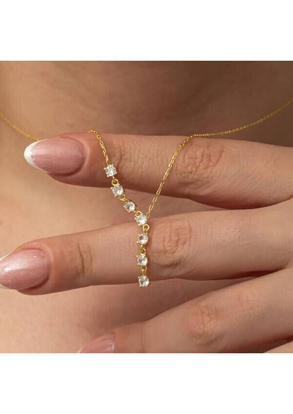 Gold Sıra Taşlı Zirkon Taşlı 925 Ayar Gümüş Kadın Kolye