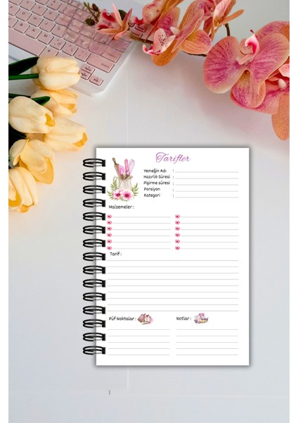 Pembe Pötikare Yemek Tarif Defteri / Tel Spiralli- 50 YAPRAK-100 Sayfa / A5 / Not Defteri modelleri
