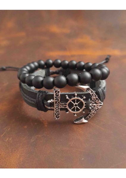2'li Erkek Bileklik Çapa Tasarım Gerçek Deri Bileklik ve Boncuk Bileklik
