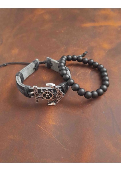 2'li Erkek Bileklik Çapa Tasarım Gerçek Deri Bileklik ve Boncuk Bileklik fiyatları