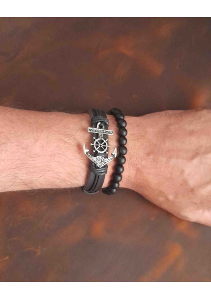 2'li Erkek Bileklik Çapa Tasarım Gerçek Deri Bileklik ve Boncuk Bileklik modelleri