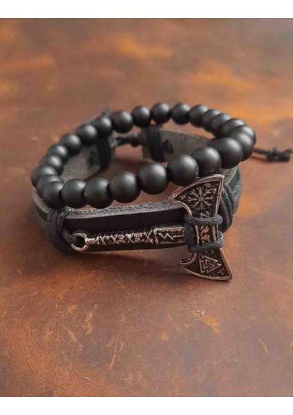 2'li Erkek Bileklik Valknut Balta Tasarım Gerçek Deri Bileklik ve Boncuk Bileklik