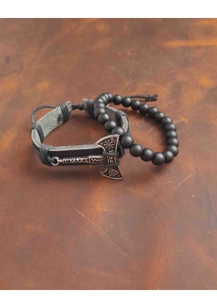 2'li Erkek Bileklik Valknut Balta Tasarım Gerçek Deri Bileklik ve Boncuk Bileklik fiyatları