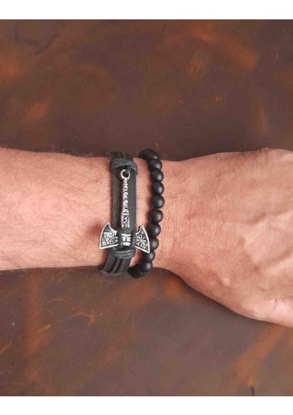 2'li Erkek Bileklik Valknut Balta Tasarım Gerçek Deri Bileklik ve Boncuk Bileklik modelleri