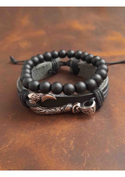 2'li Erkek Bileklik Kanca Tasarım Gerçek Deri Bileklik ve Boncuk Bileklik