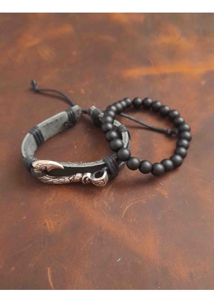 2'li Erkek Bileklik Kanca Tasarım Gerçek Deri Bileklik ve Boncuk Bileklik fiyatları