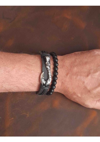 2'li Erkek Bileklik Kanca Tasarım Gerçek Deri Bileklik ve Boncuk Bileklik modelleri