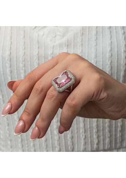 Pembe Zirkon Taşlı 925 Ayar Gümüş Kadın Yüzük