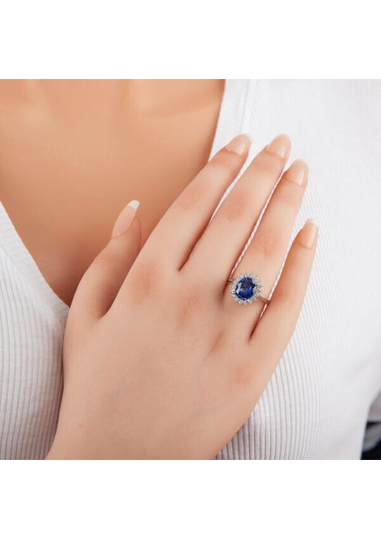 Mavi Taşlı Baget Oval 925 Ayar Gümüş Kadın Yüzük