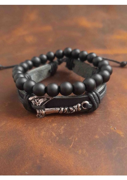 2'li Erkek Bileklik Balta Tasarım Gerçek Deri Bileklik ve Boncuk Bileklik