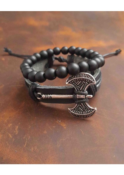 2'li Erkek Bileklik Çift Balta Tasarım Hakiki Deri Bileklik ve Boncuk Bileklik