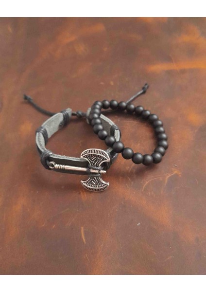 2'li Erkek Bileklik Çift Balta Tasarım Hakiki Deri Bileklik ve Boncuk Bileklik fiyatları