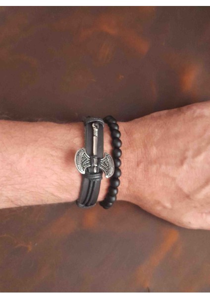 2'li Erkek Bileklik Çift Balta Tasarım Hakiki Deri Bileklik ve Boncuk Bileklik modelleri