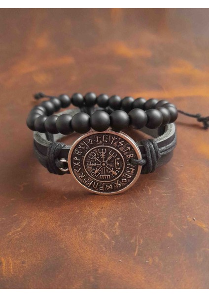 2'li Erkek Bileklik Vegvisir Pusula Tasarım Gerçek Deri Bileklik ve Boncuk Bileklik