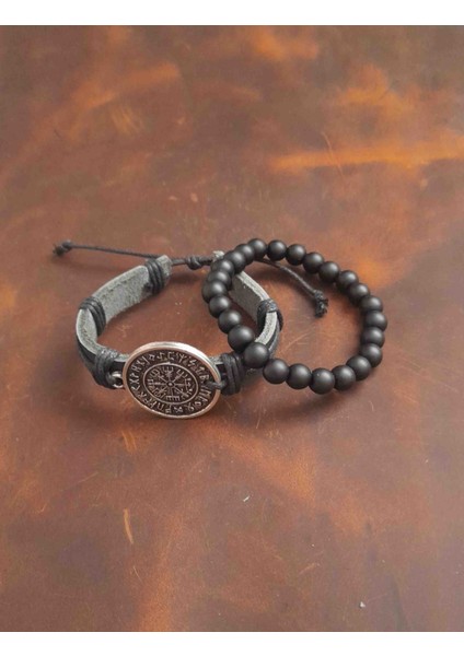 2'li Erkek Bileklik Vegvisir Pusula Tasarım Gerçek Deri Bileklik ve Boncuk Bileklik fiyatları