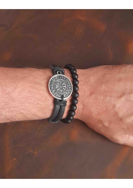2'li Erkek Bileklik Vegvisir Pusula Tasarım Gerçek Deri Bileklik ve Boncuk Bileklik modelleri