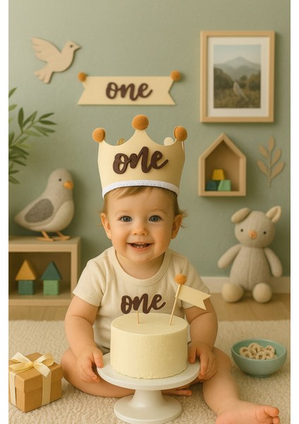 Kahve Taç “one” Yazılı 1 Yaş Doğum Günü Taç ve Kürdan Süs Seti