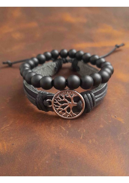 2'li Erkek Bileklik Yaşam Ağacı Tasarım Gerçek Deri Bileklik ve Boncuk Bileklik