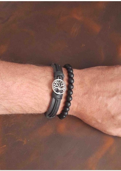 2'li Erkek Bileklik Yaşam Ağacı Tasarım Gerçek Deri Bileklik ve Boncuk Bileklik modelleri