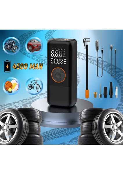4500 Mah Şarjlı Taşınabilir Araba Lastik Hava Top Şişirme Pompası LED Işıklı Dijital Hava Kompresörü