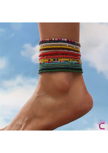 18'li Kombin Halhal Renkli Boncuklu Kadın Halhal Seti