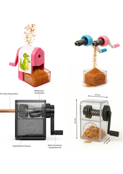 Kalemkâr Sevimli Figürlü Mekanik Masa Üstü Kalemtıraş - El ile Çevirmeli Kollu Çekmeceli Okul ve Ev Için modelleri