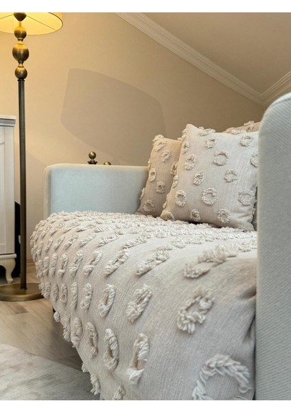 Lüx Saçaklı Ponpon Cappuccino Koltuk Örtüsü 180x240 Oturma ve Sırt Kısmı