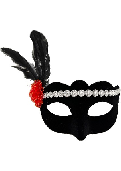 Siyah Renk Süet Kaplama Gümüş Dantelli Kırmızı Gül Tasarımlı Parti Maskesi 18X20 cm (4915)