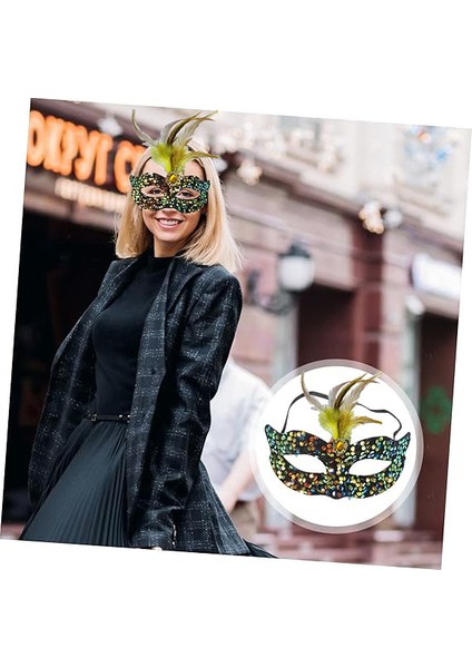 Siyah Kadife Üzeri Rengarenk Payetli Pullu Sarı Tüylü Sarı Taşlı Parti Maskesi 19X21 cm (4915) fiyatları