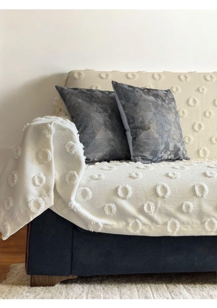 Lüx Saçaklı Ponpon Ekru Koltuk Örtüsü 180x300 Oturma, Sırt ve Kol Kısmı